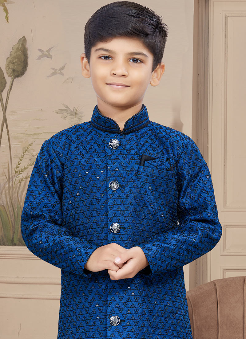 Buy Blue Art Silk Embroidered Sherwani For Boys Festive Wear Online at