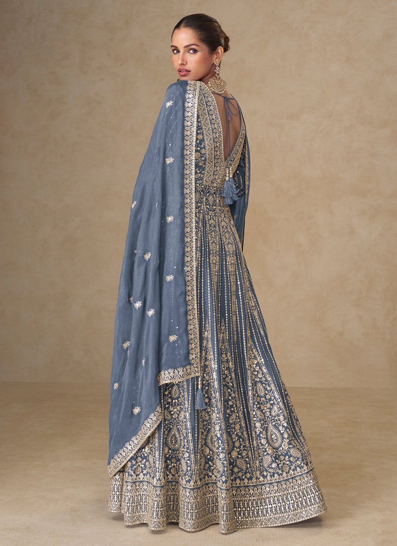 Women Sky Blue Chinon Silk Embroidered Designer Anarkali Suit