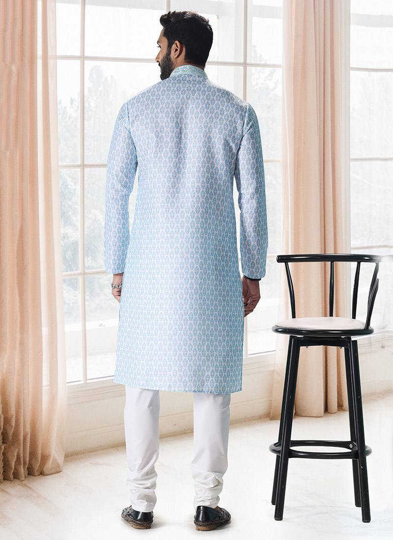Embroidered Silk Blue Kurta and Pyjama