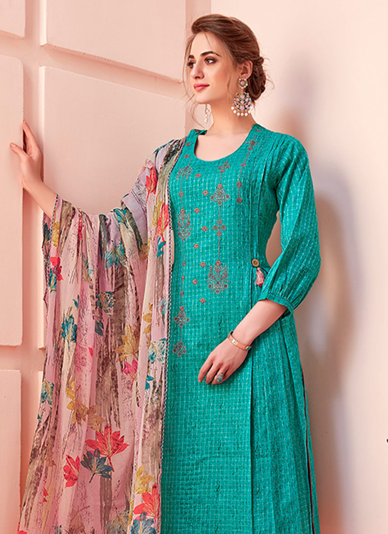 Buy Blue Cotton Straight Pant Suit, Embroidered, straight pant suit