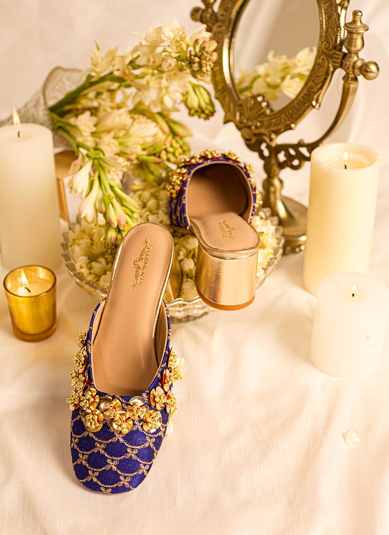 Blue Embroidered With Moti Work Heels Juti-WFWD5EMH031