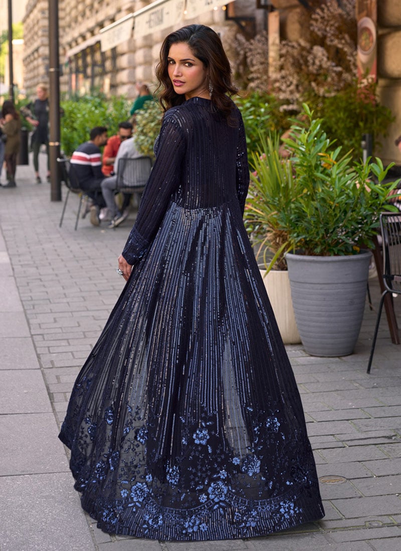 Shop Blue Georgette Embroidered Sequins With Stone Work Indowestern ...