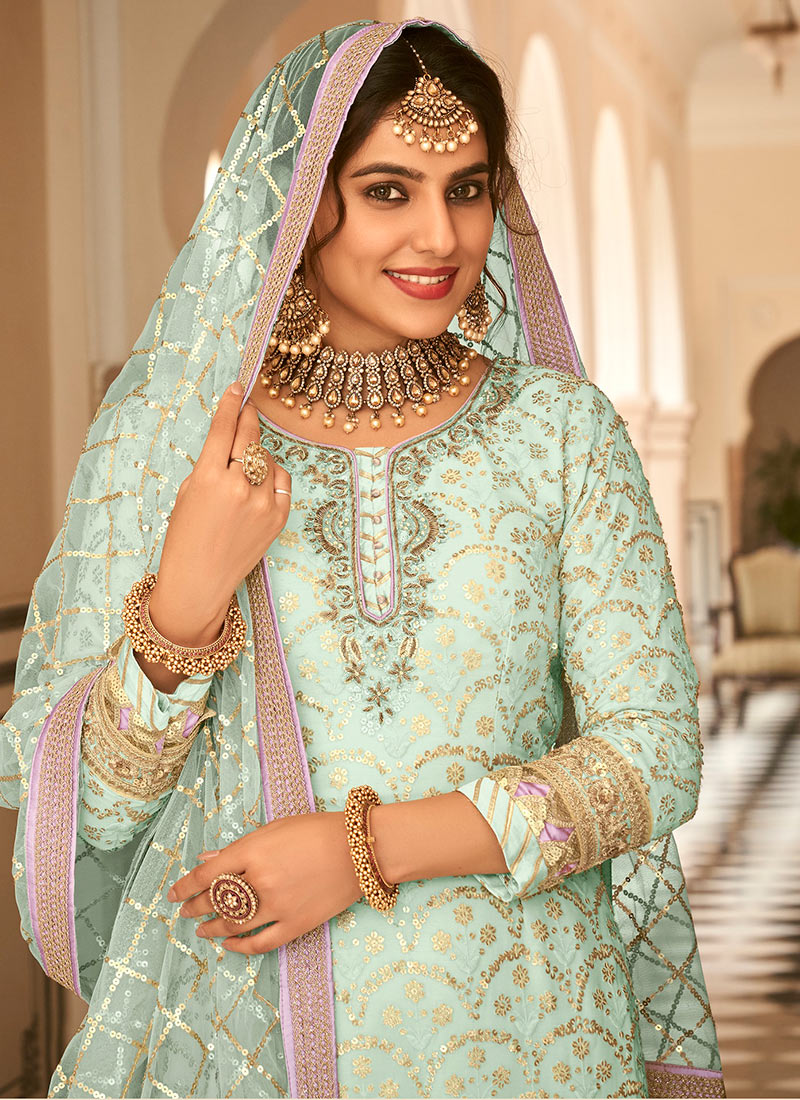 Buy Blue Embroidery Sharara Suit Party Wear, Embroidered