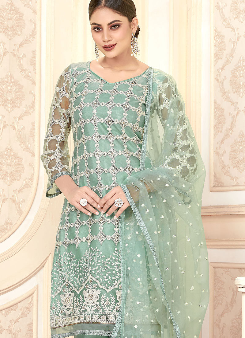 Buy Blue Net Straight Pant Suit, Embroidered, straight pant suit Online