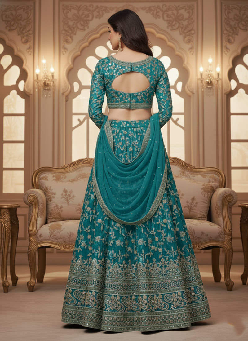 Green Blue Net Silk Embroidered Lehenga Saree Z3316 main image 1