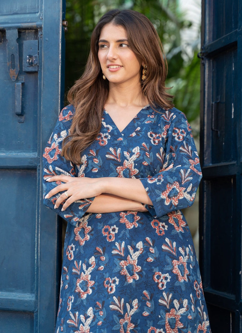 White Blue Motif Print Rayon Kurta Palazzo Sets for Women