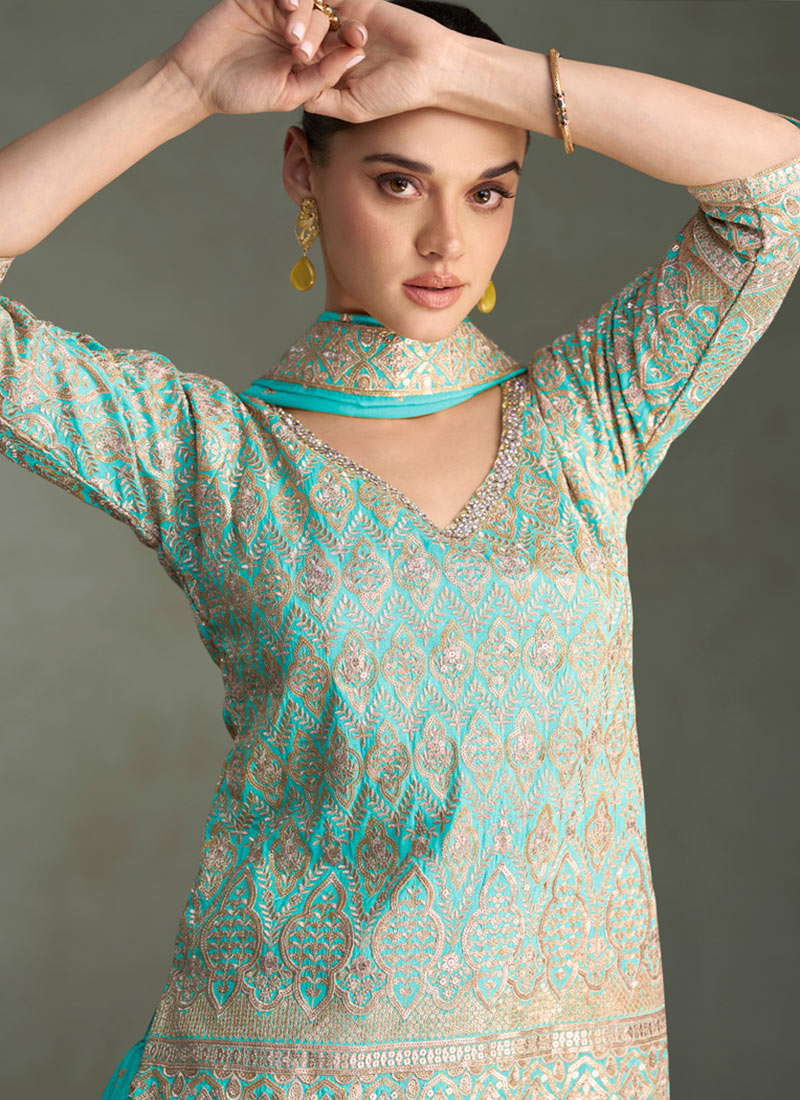 Festive Shimmer Silk Grey Embroidered Palazzo Suit main image 1
