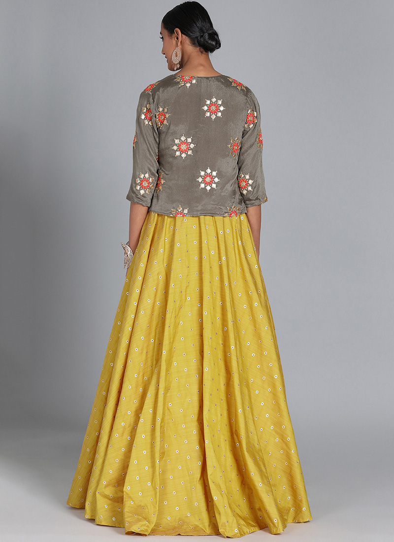 Shop Bollywood Vogue Mustard N Grey Jacket Style Gown Ready to wear