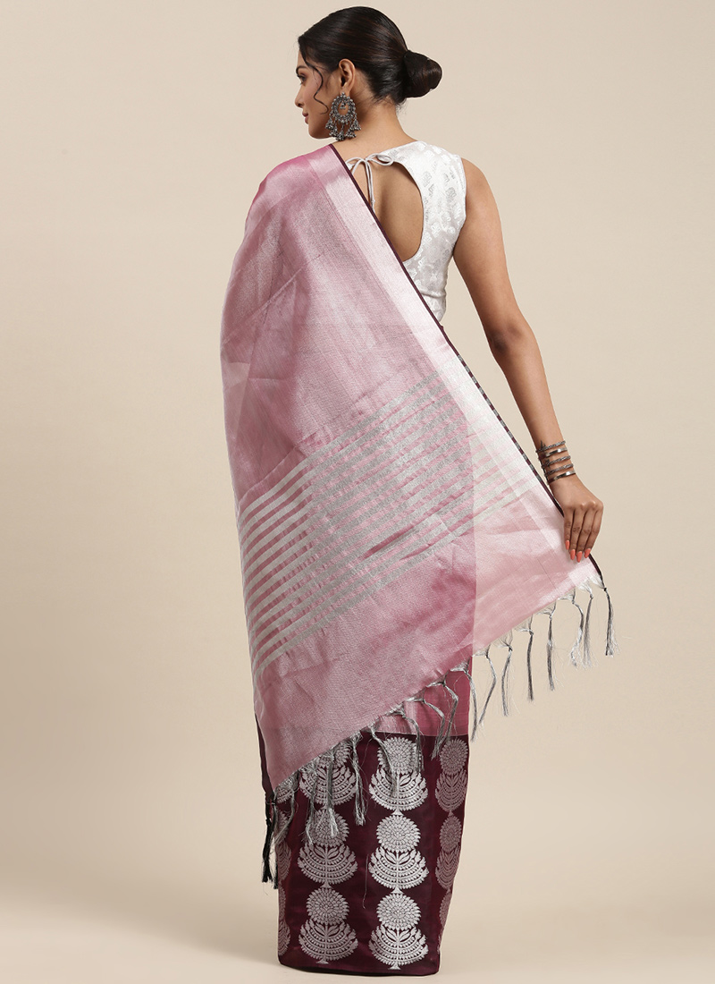 Burgundy Woven Design Silk Blend Sarees With Unstitched Blouse Piece