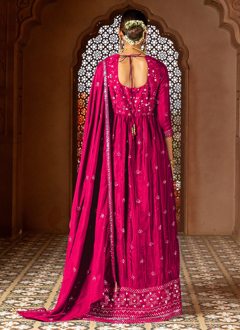 Pink Chinon Thread Embroidered Palazzo Suit Festive Wear