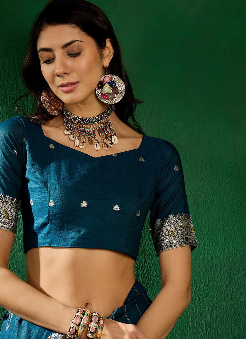 Women's Dola Silk Teal blue Printed Designer Saree With Blouse Piece
