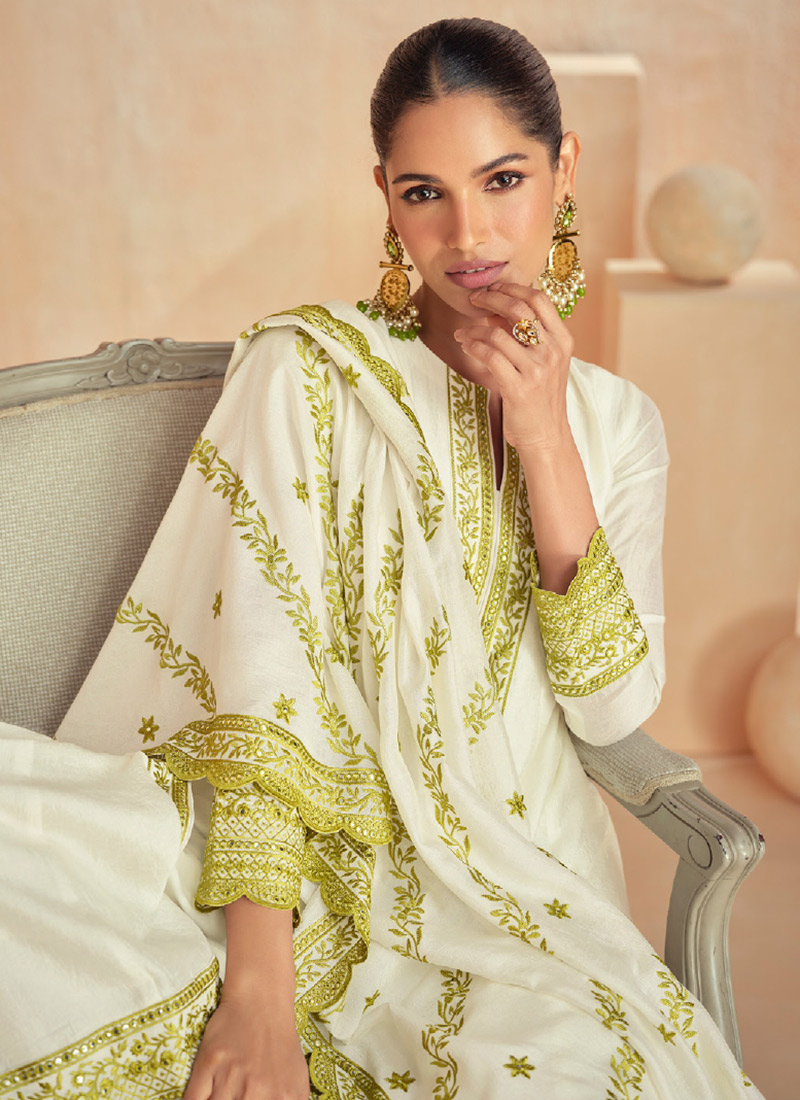 Shop Classy White Silk Embroidered A Line With High Slit Straight Pant ...