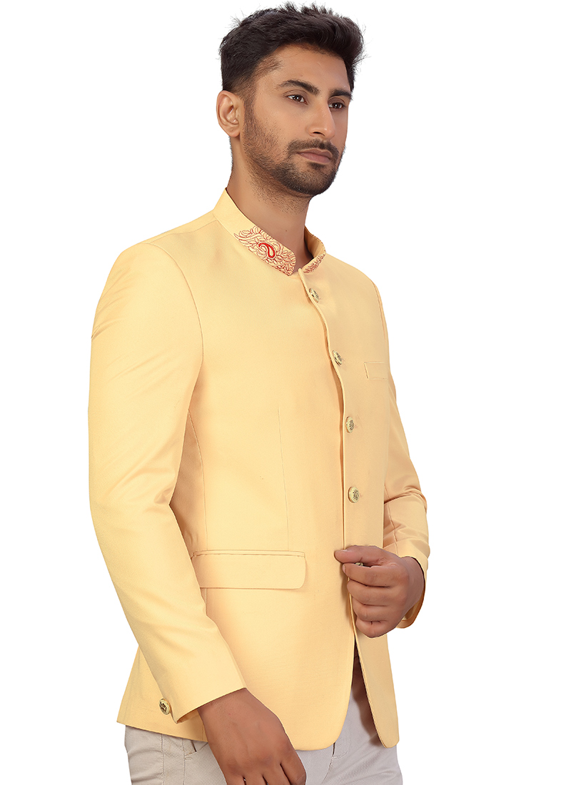 Buy Cream Art Silk Collar Embroidery Bandhgala Jacket, Embroidered
