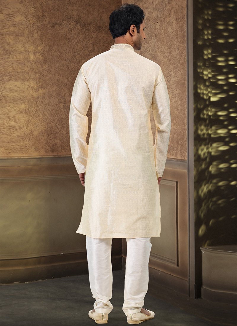 Cream Kurta Pajama Jacquard Silk