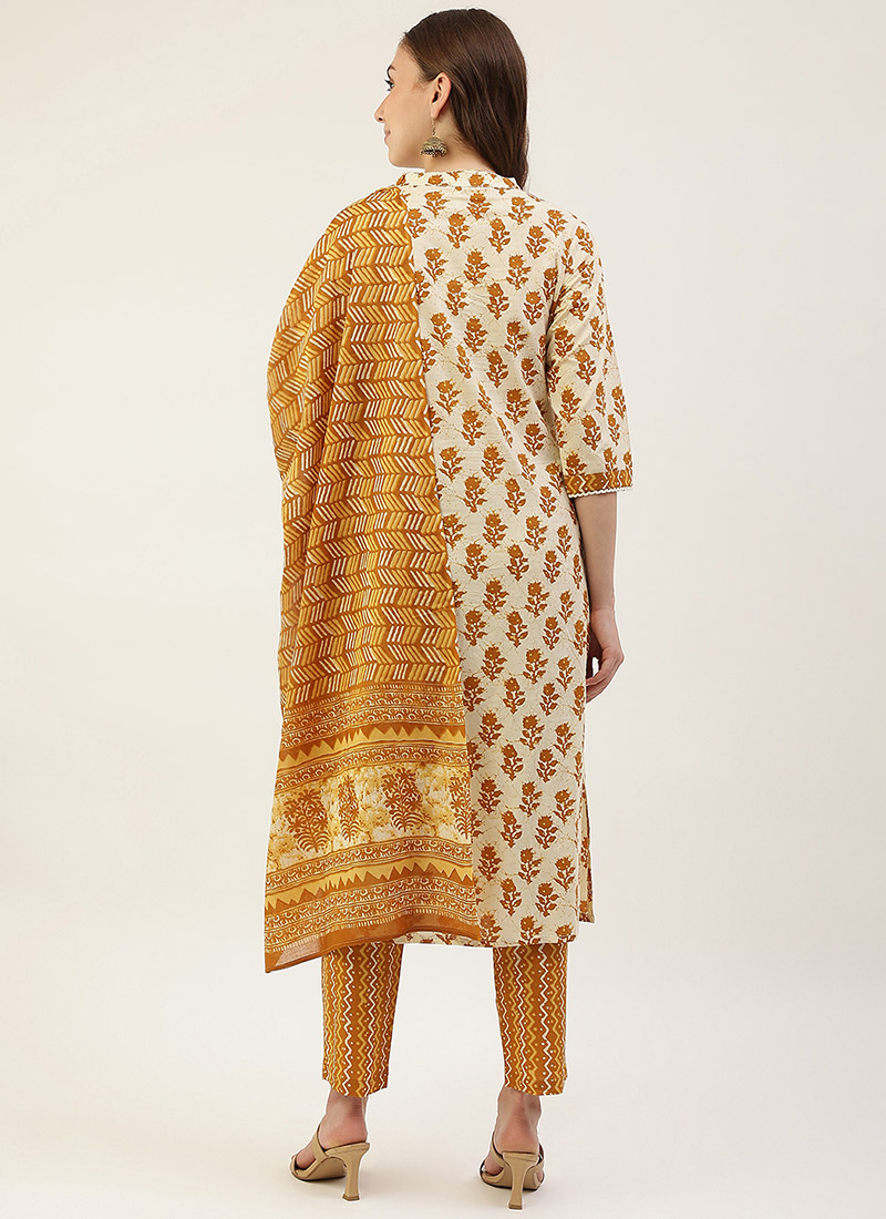 Shop Cream Blended Cotton Printed Straight Pant Suit After Six Wear