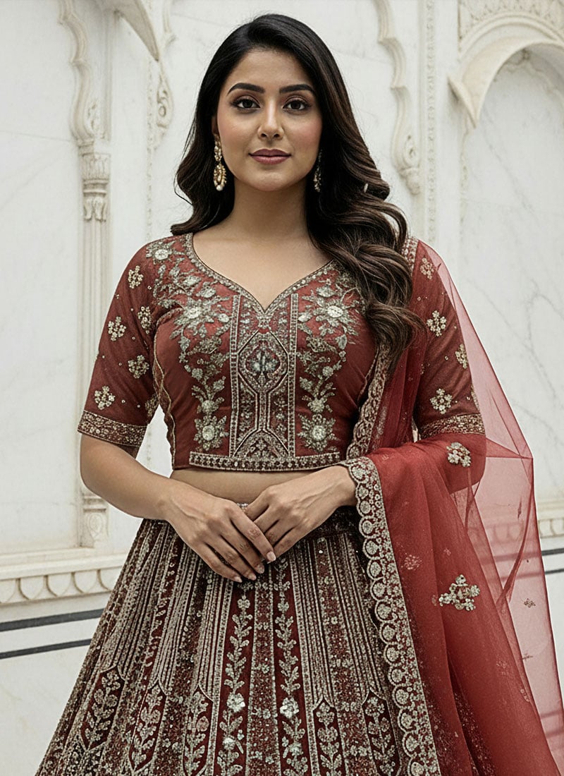 Light Pink Soft Net Blouse With Lehenga For Indian & Pakistani Wedding Festival - Thread, Zari, Dori and Sequins Embroidery Work