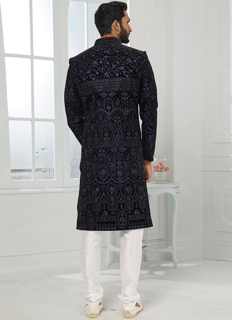 Pastel Blue Floral Print Silk Sherwani