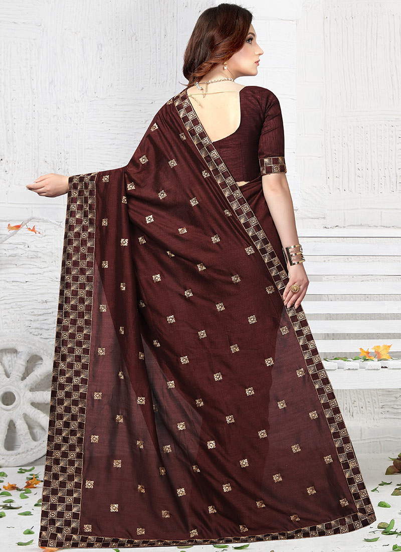 Buy Dark Brown Embroidered Saree, Embroidered, sari Online Shopping