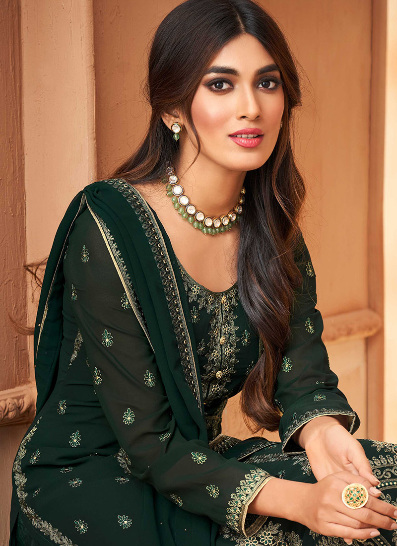 Buy Dark Green Embroidered Straight Pant Suit Party Wear