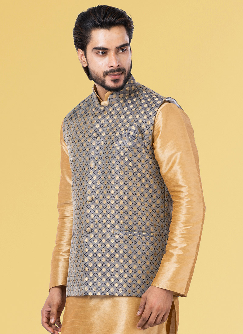 Buy Dark Grey Jacquard Silk Nehru jacket, Jacquard, nehru jacket Online