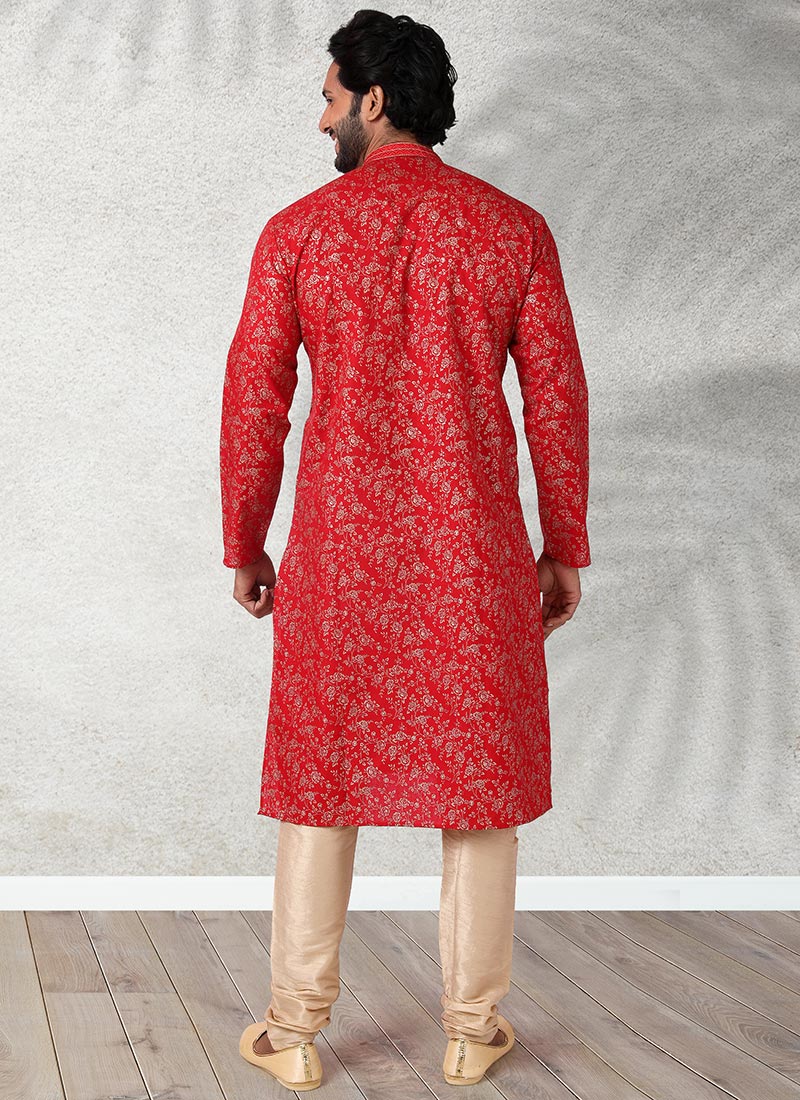 Designer Rashika's Red Color Printed Readymade Kurta with White Pajama - Rent