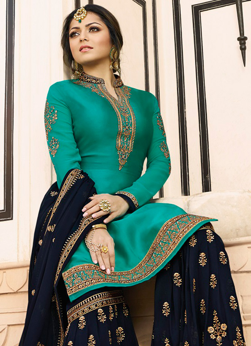 Buy Drashti Dhami Turquoise Embroidered Sharara Suit, Embroidered, sharara suit Online Shopping 