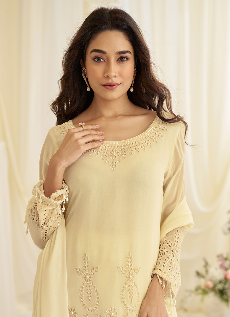 Elegant Beige Embroidered Stitched Suit main image 1