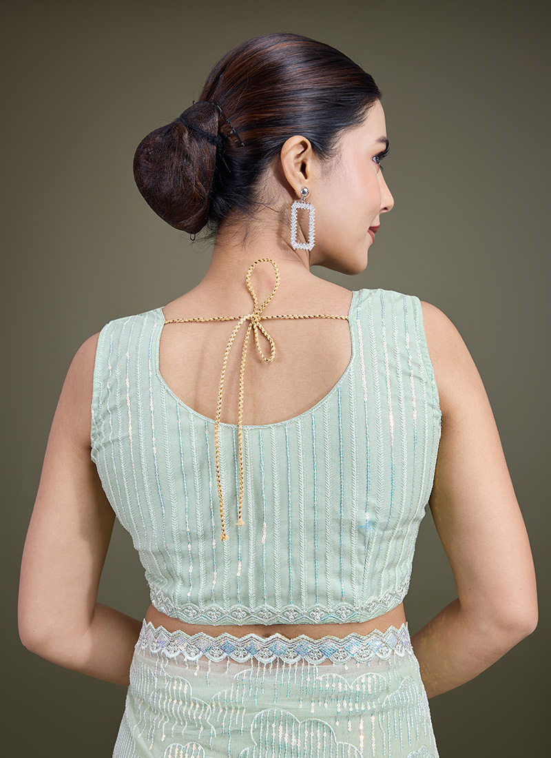 Light Green Sequinned Embroidered Net Saree main image 0