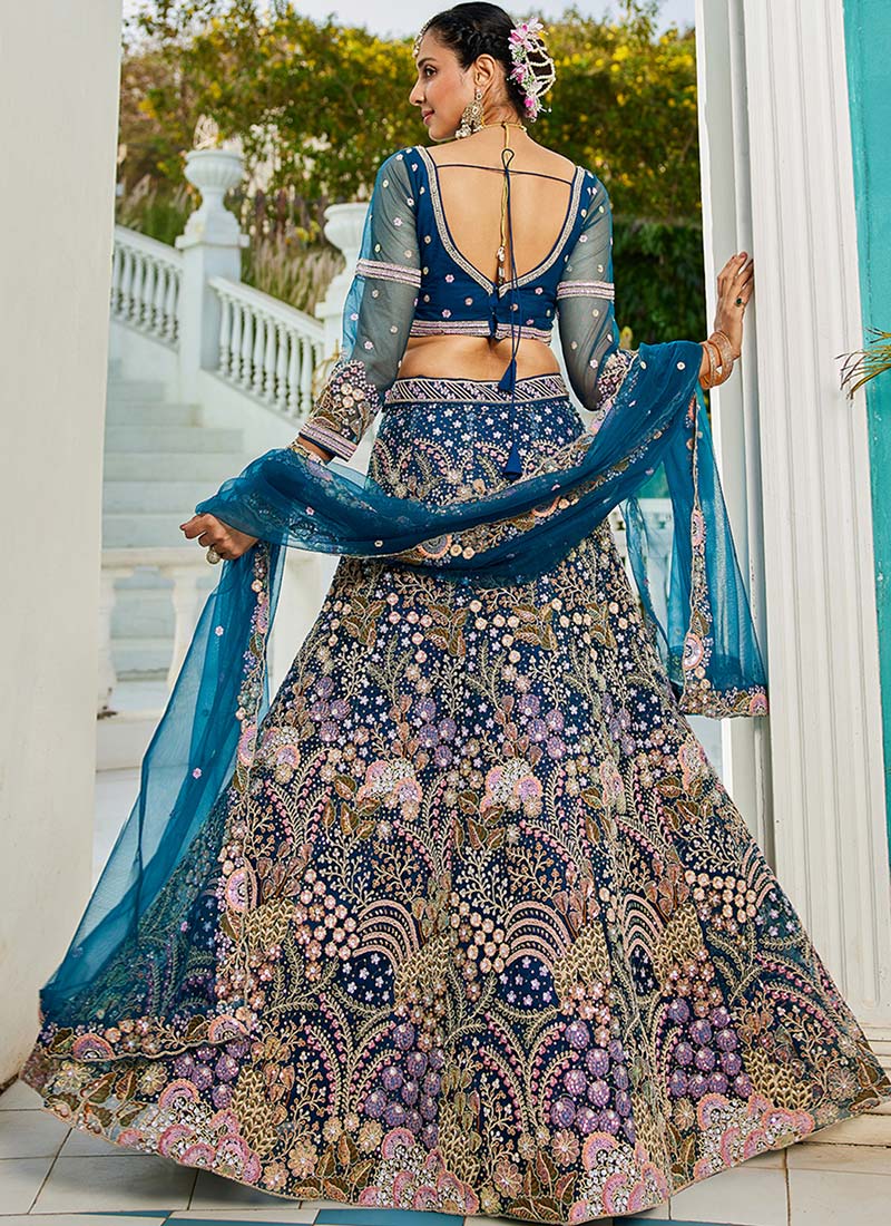 Blue Cording & Zarkan Embroidered Net Lehenga Choli