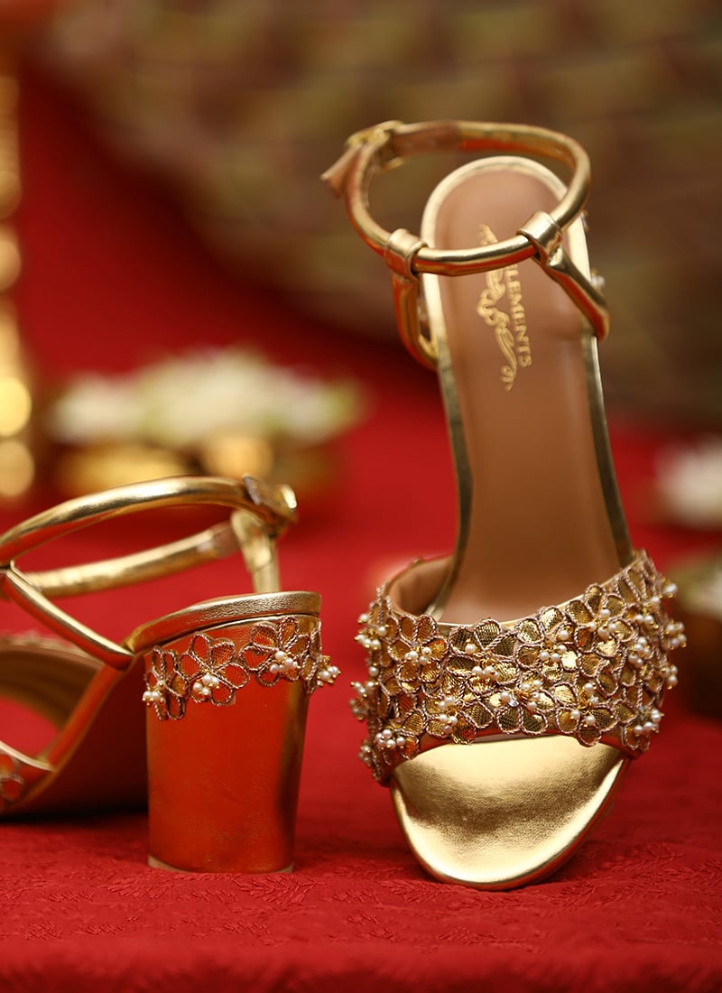 Gold Leather Zari Embroidered With Beads Work Heels For Women-WFWM5ESH007