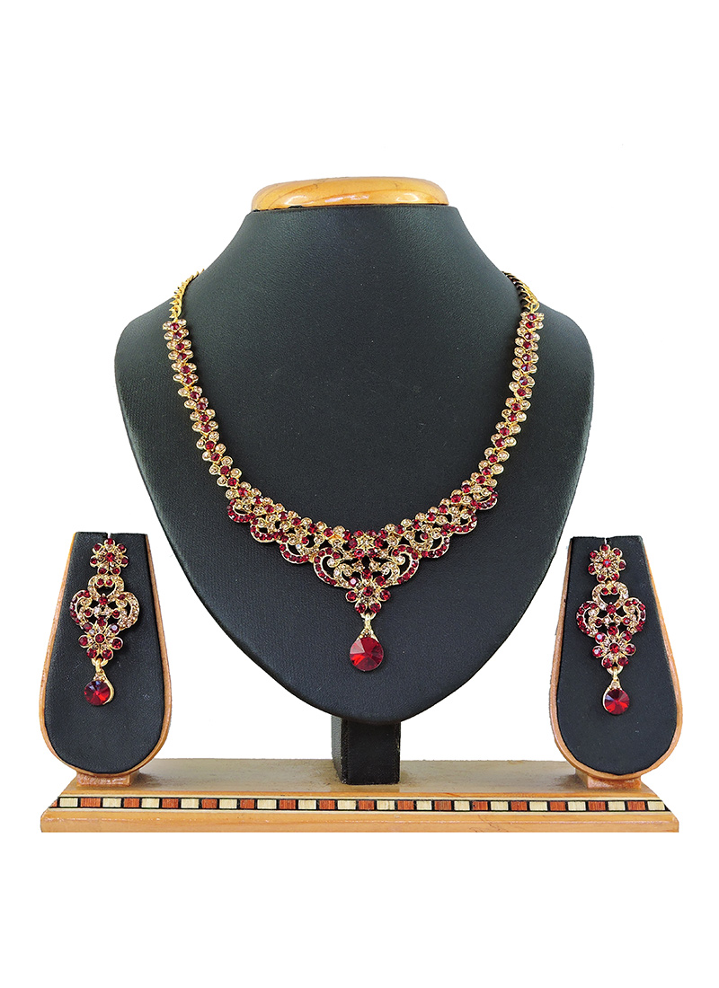 Maroon Necklace Set Heavy For Bridal - 24