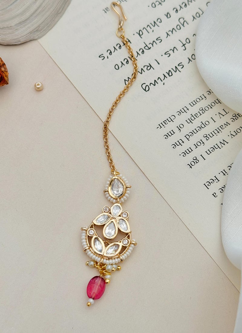 Golden Plated Kundan With Beads And Moti Mangtikka Festive Wear-HEJSABDGP01