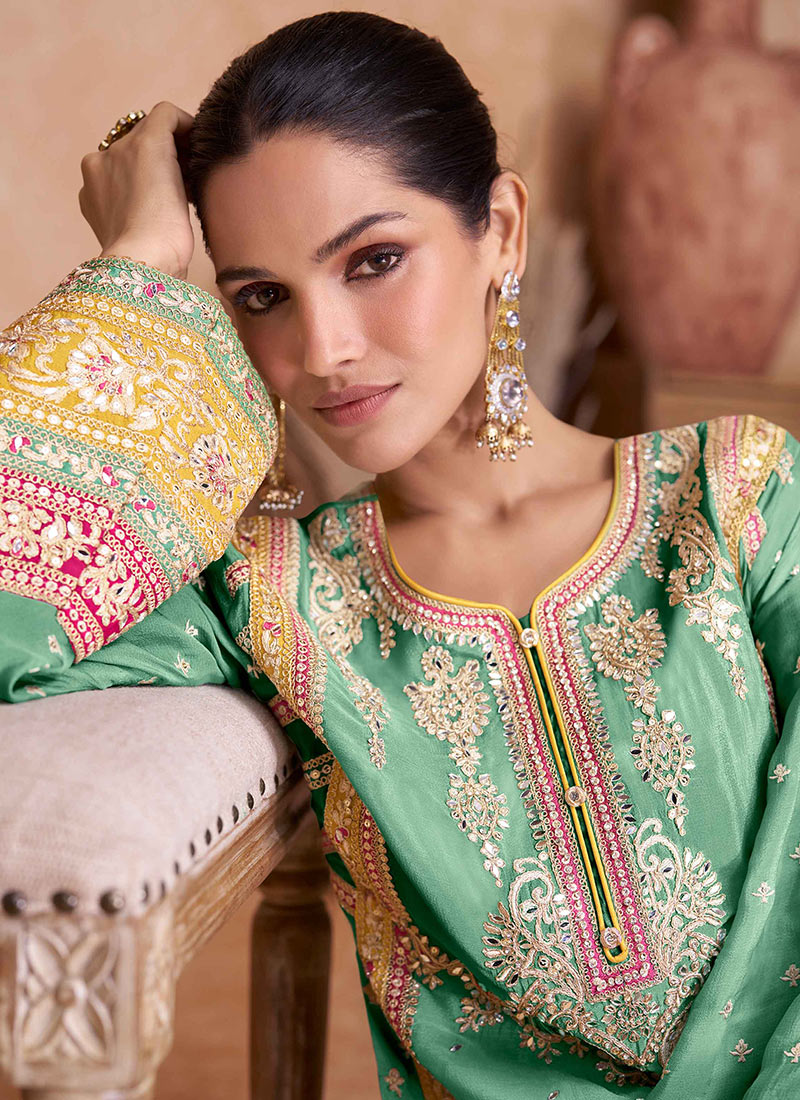 Exclusive Embroidered Green Chinon Palazzo Salwar Suit