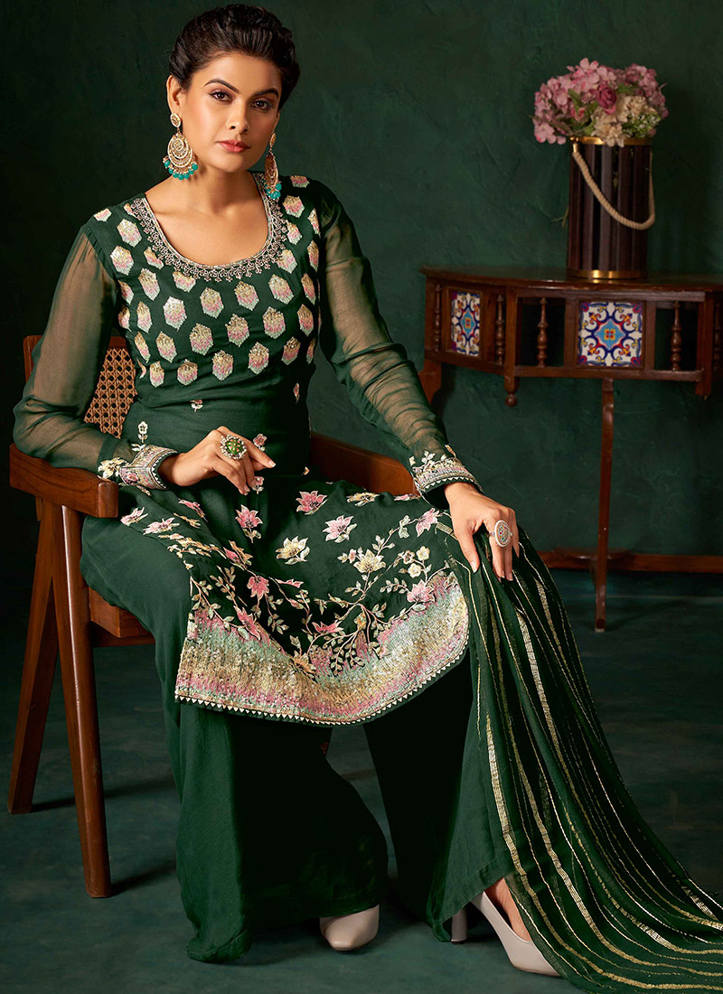 Women Green Faux Georgette Embroidered Palazzo Suit