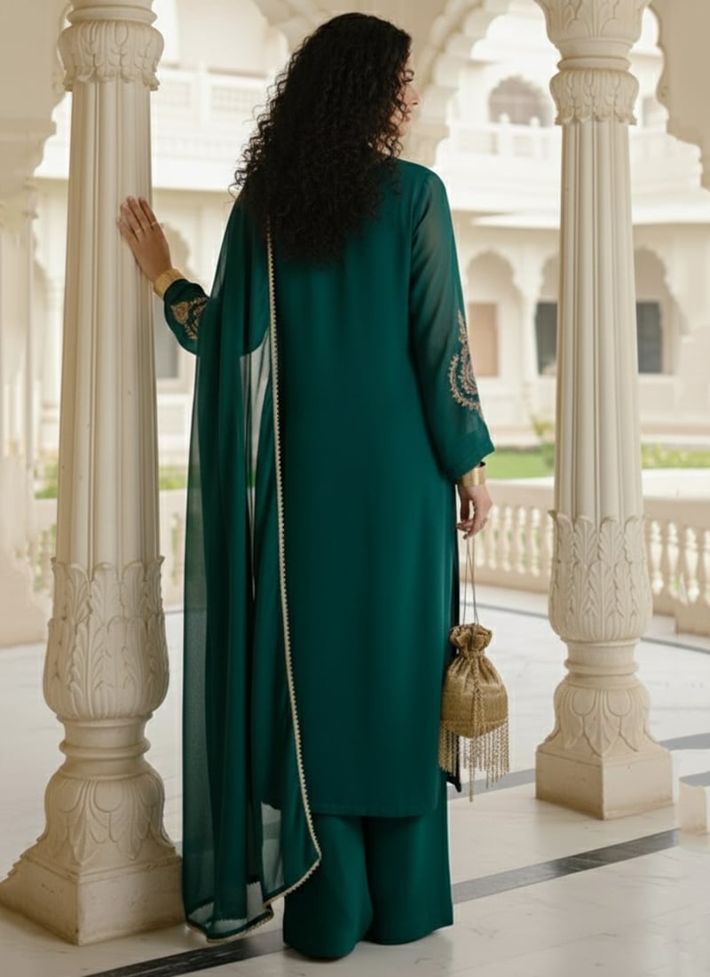 Dark olive green digital printed premium silk cotton unstitched salwar material, zari, sequins& faux mirror work on front(thin fabric, lining needed)matching spun cotton bottom, digital printed full length silk cotton dupatta. CODE MR251303 main image 1