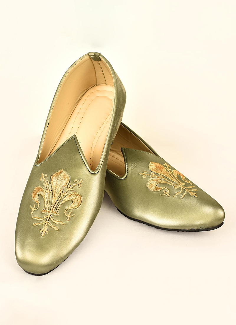 Green Faux Leather Embroidered Men Footwear MFWMRG274