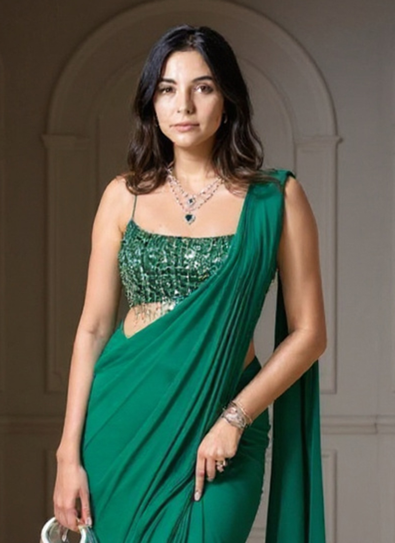 Green And Pink Ethnic Motif Embroidered Sequinned Saree