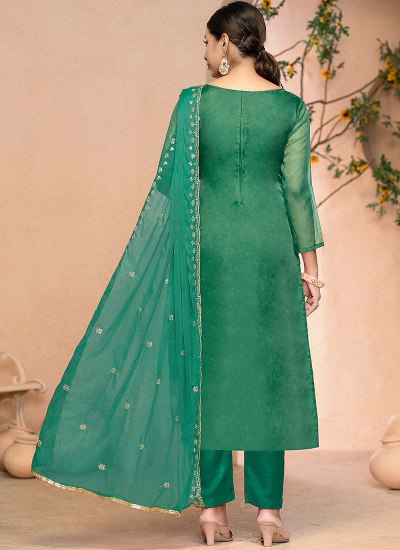 Green Premium Designer Function Wear Pant Suit With Organza Dupatta