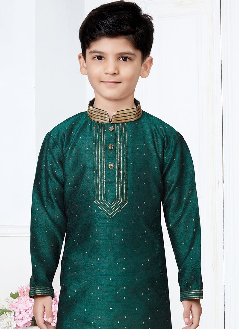 Babyhug 100% Cotton Woven Full Sleeves Kurta & Pyjama Set With Ikat Print Jacket - Green