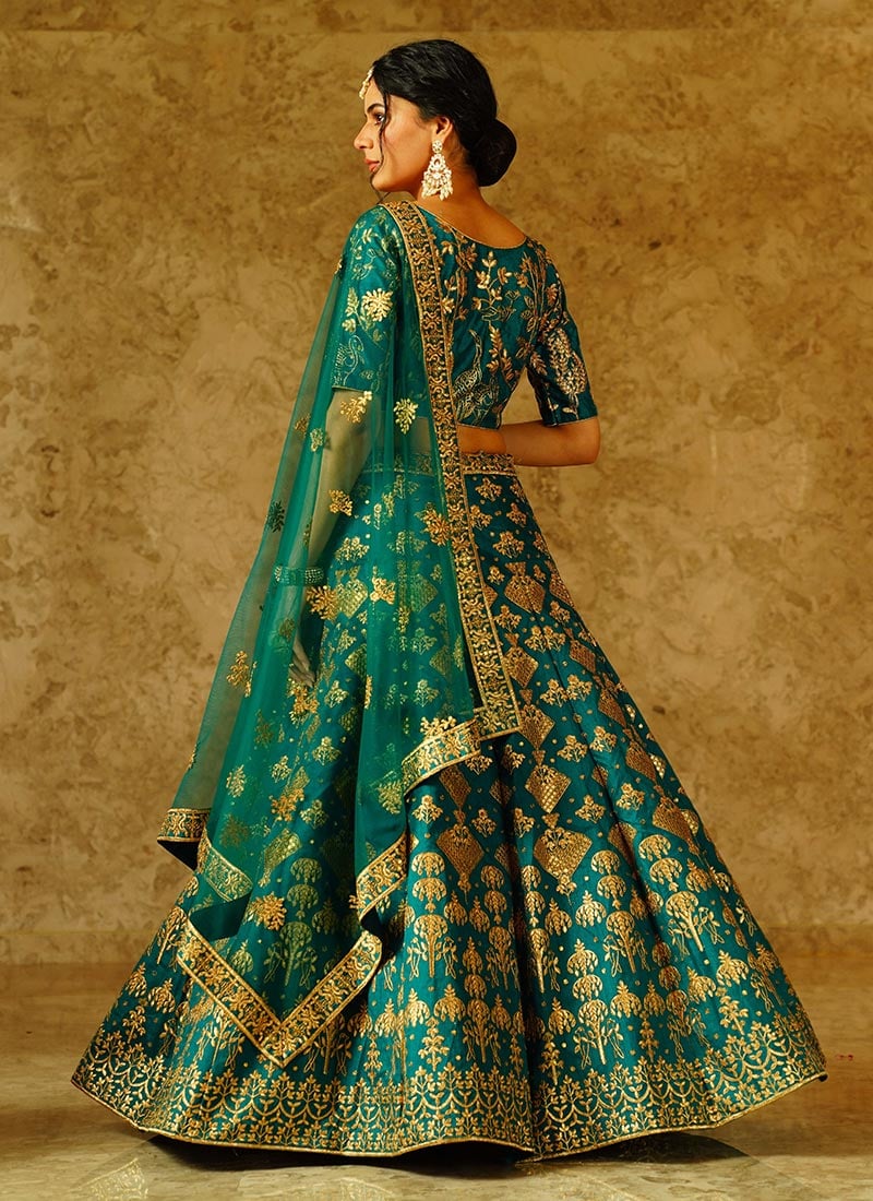 Sage Green Silk Print and Sequins Thread Embroidery Lehenga with Dupatta