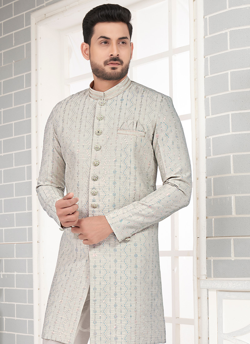 Grey & Gold Silk Sherwani main image 1
