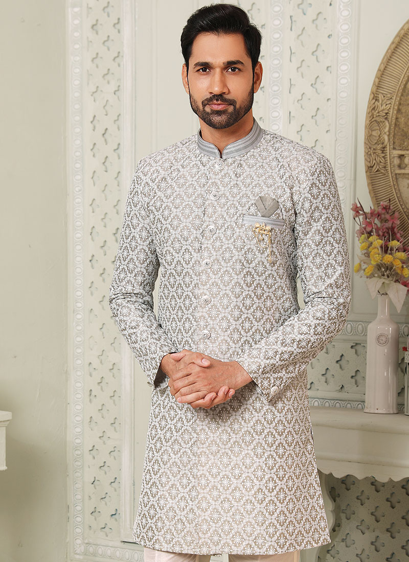 Grey & Gold Silk Sherwani