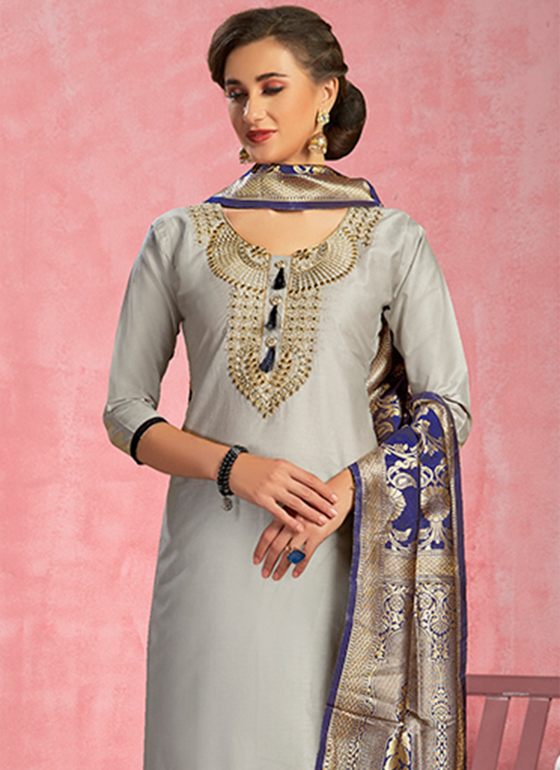 Buy Grey Cotton Straight Pant Suit Work Wear, Embroidered, straight