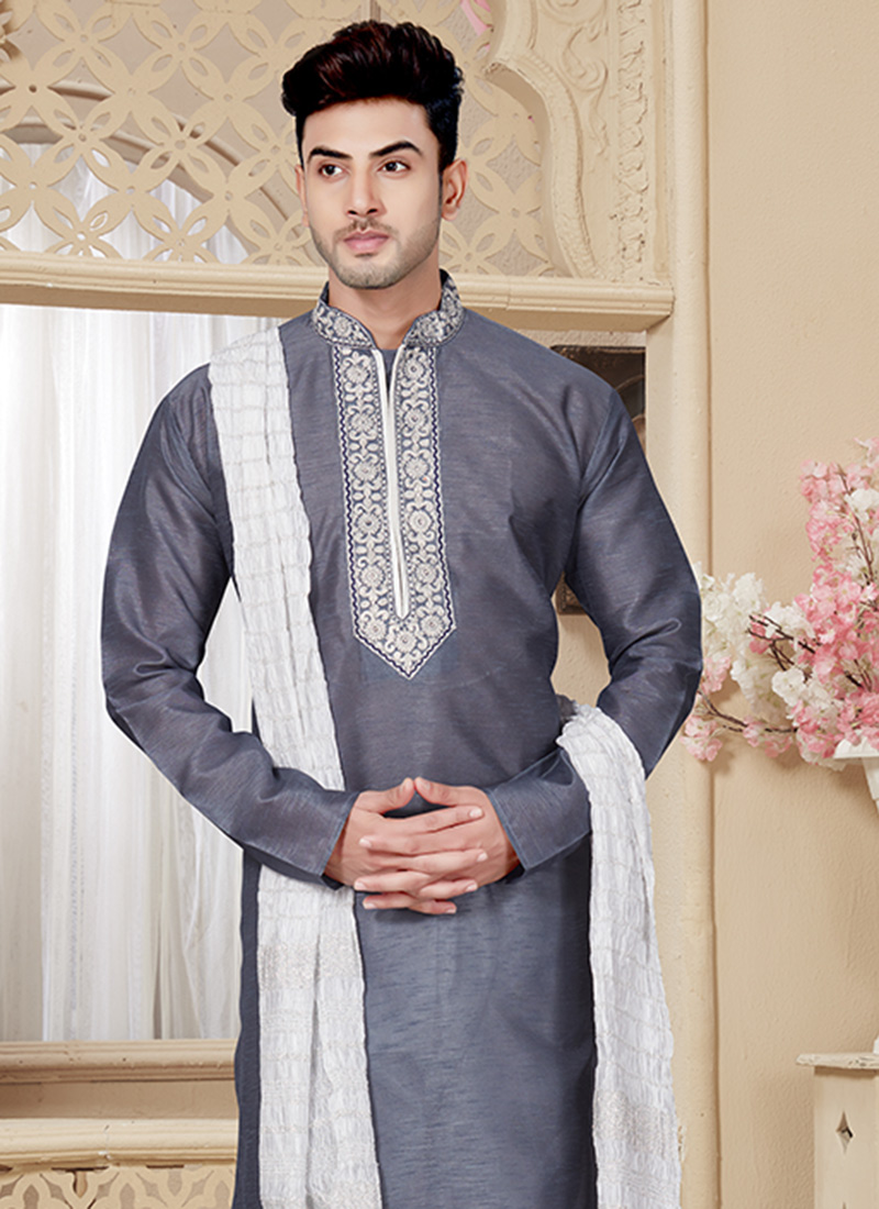White Greek Satin Heavy Embroidered Ethnic Ceremonial Kurta Pajama main image 0