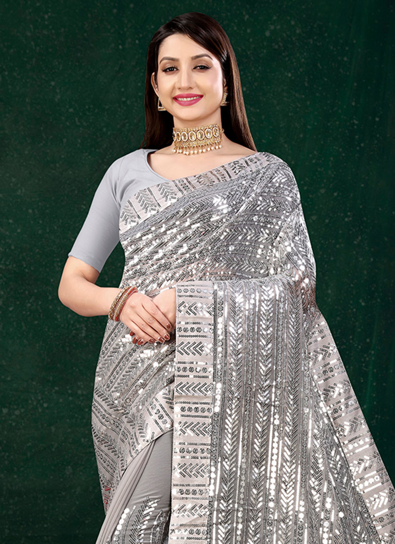 Grey Pure Georgette Sequins Embroidered Saree
