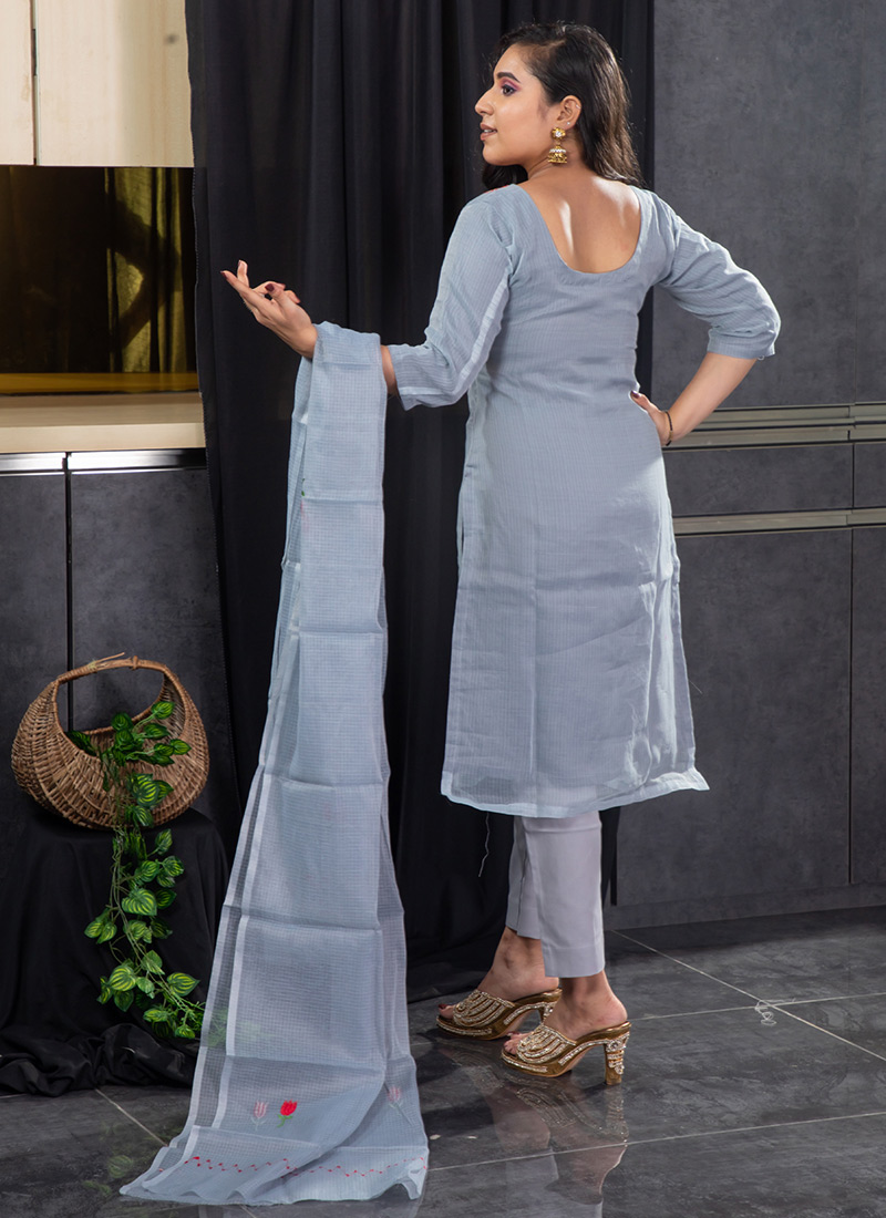 Buy Grey Cotton Embroidered Straight Pant Suit, Embroidered, straight