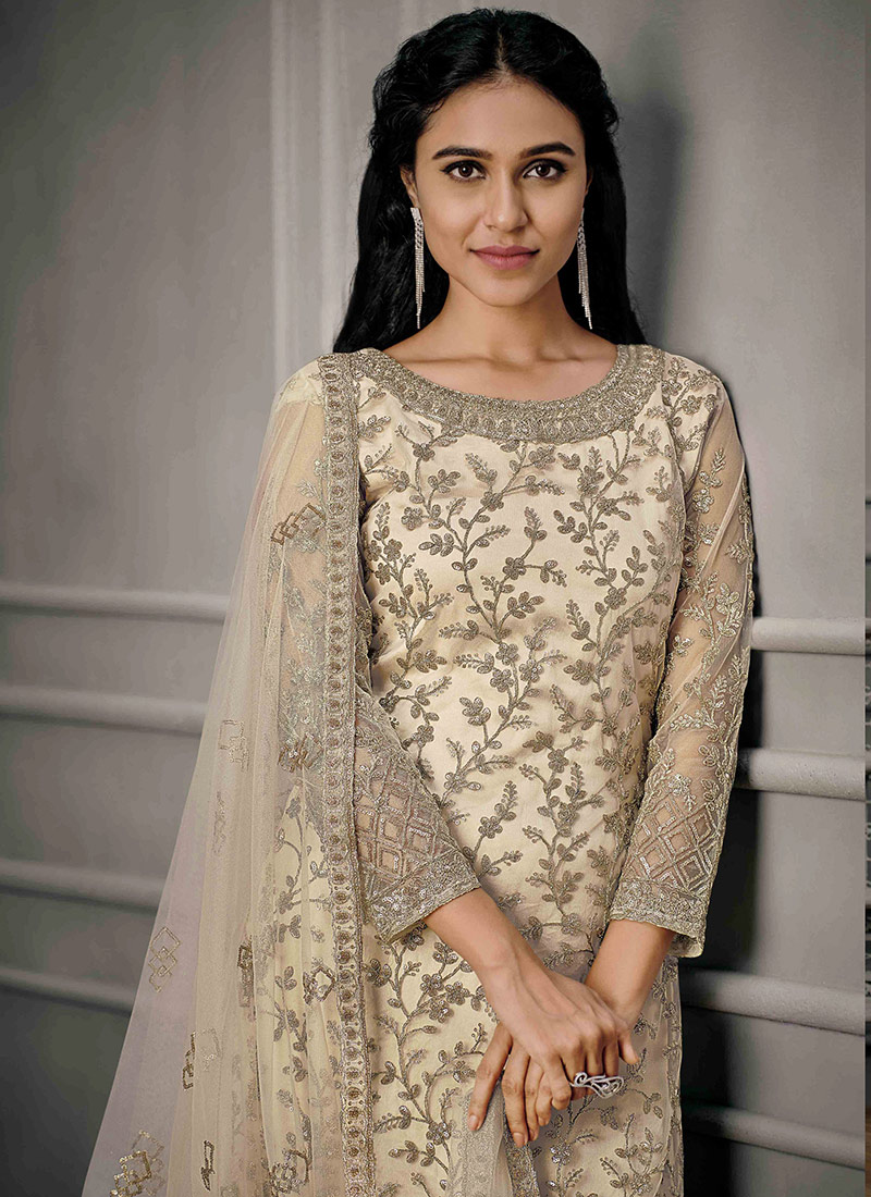 Shop Indian Pakistani Style Women Cream Straight Pant Suit With