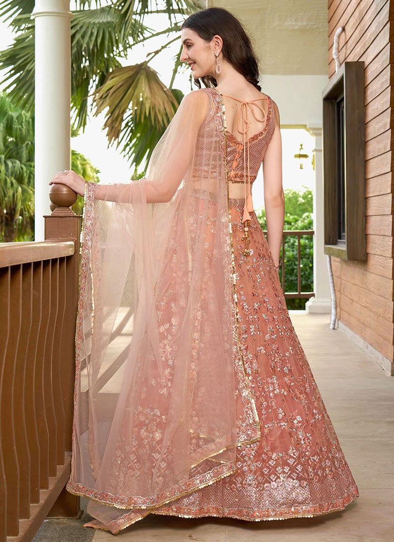 Green & Peach Stylish Embroidered A Line Lehenga Choli main image 1