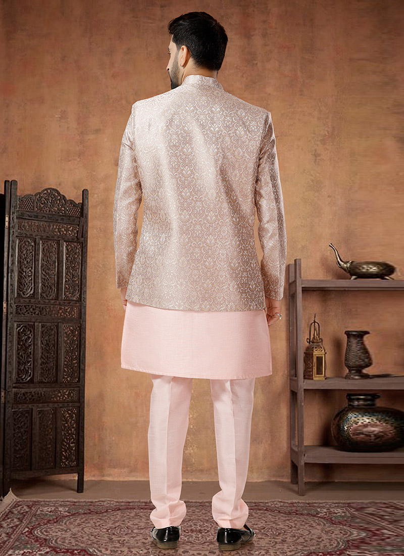 Shop Jacquard Print Silk Light Pink Indowestern Sherwani Wedding Wear ...