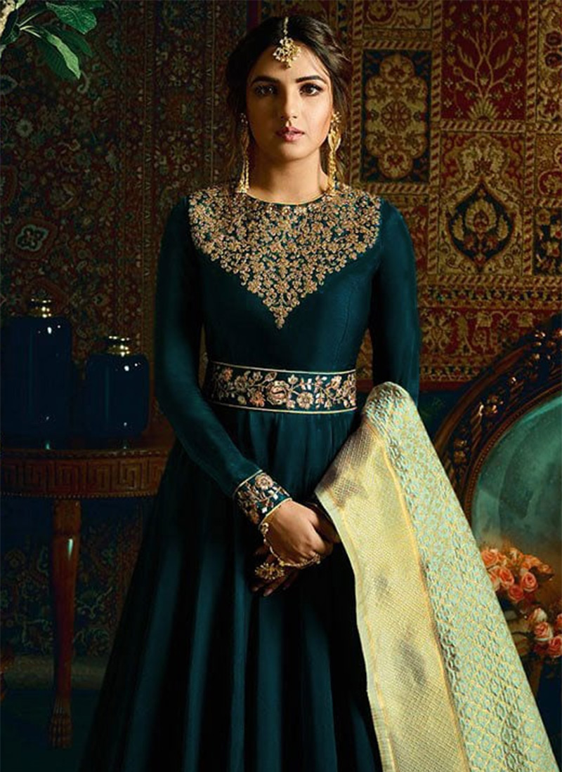 Buy Jasmin Bhasin Turquoise Embroidered Anarkali Suit, Embroidered